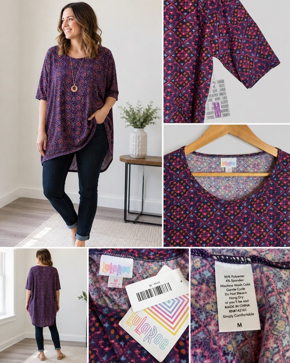 LuLaRoe Irma Tunic Top M Navy Pink Geometric Print High Low NWT